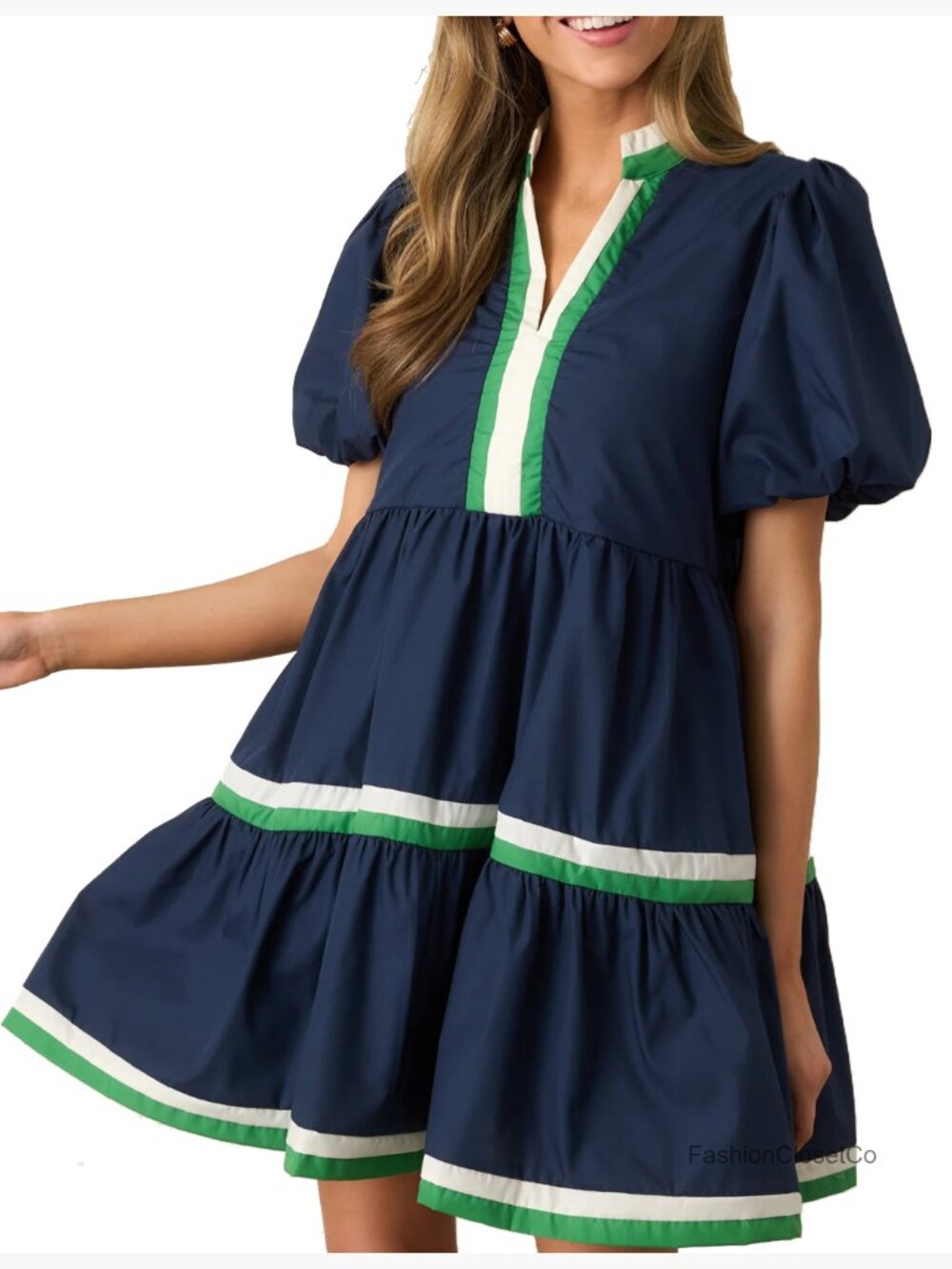 Puff Sleeve Babydoll Dress V Neck Striped Tiered Mini Dress - Picture 7 of 7